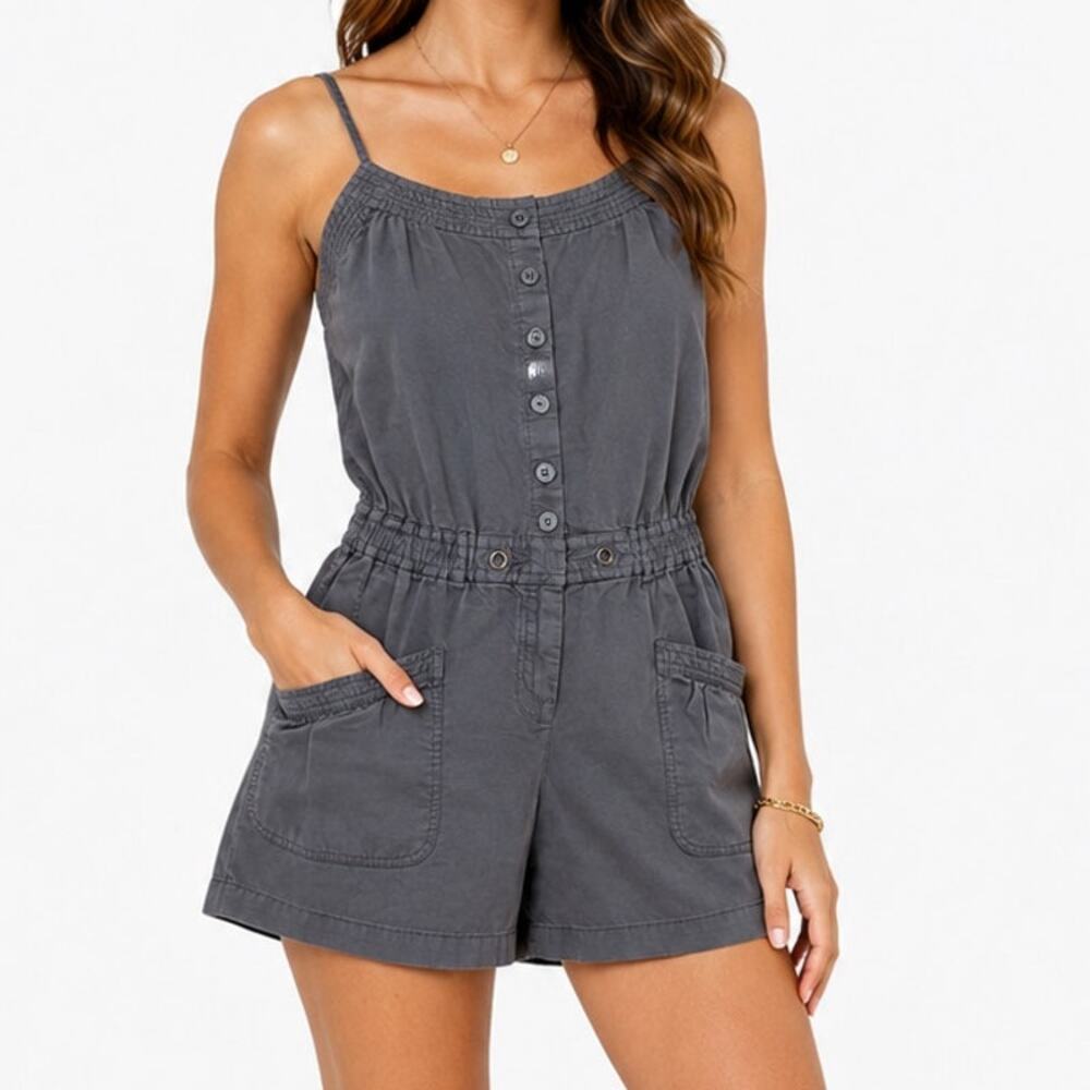 New York & Company Gray Button Front Utility Romper
